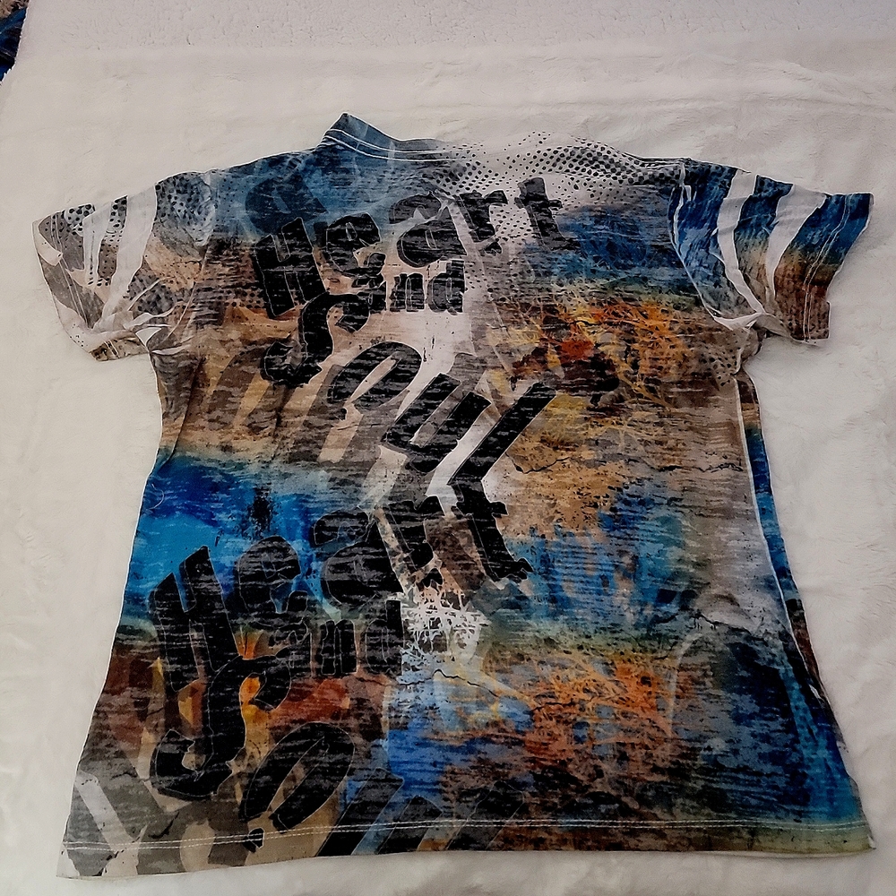 T2 pistol Pete mesh tattoo print graphic t-shirt, size small, blue multi-color